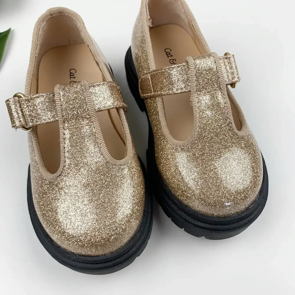 Cat & Jack Wende T-Strap Mary Jane Shoes Sparkly Gold Glitter Toddler Girls 5